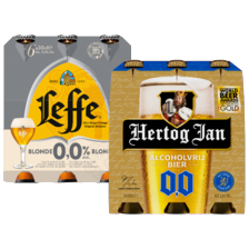 Hertog Jan 0.0%, Corona Cero 0.0%, Leffe blond 0.0% of Tripel Karmeliet 0.4%